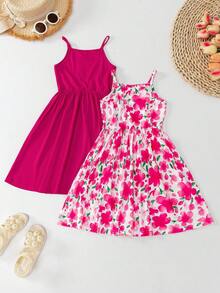 BASUSARRI 2件套女童碎花数码印花休闲无袖露肩夏季连衣裙，百搭度假风