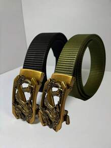 1pc New Men's Vintage Dragon Head Carved Automatic Buckle Leather Belt, Sliding Convenient Adjustment, Slim Fit, Black