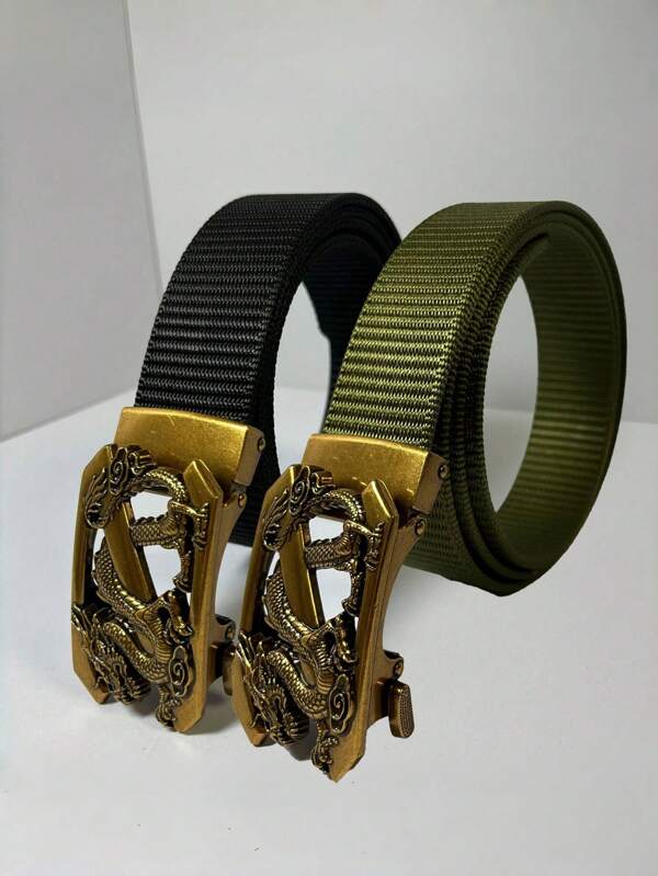 1pc New Men's Vintage Dragon Head Carved Automatic Buckle Leather Belt, Sliding Convenient Adjustment, Slim Fit, Black