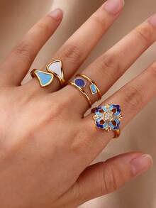 1枚复古风蓝色珐琅花朵戒指，几何蓝白珐琅戒指，金色不锈钢戒指，开口可调节戒指，艺术珠宝时尚配饰，女士配饰，情人节礼物，母亲节礼物 - 金黃色 - 查看 3