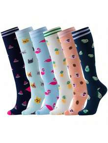 1/6 pares de calcetines de compresión para mujer, calcetines hasta la rodilla, calcetines de compresión lindos de enfermera, calcetines de compresión de estilo deportivo, Y2k, cómodos - Multicolor - Ver 1