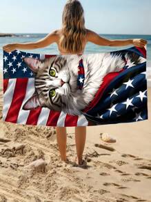 1 Stück patriotisch bedrucktes Katzen Mikrofaser Strandtuch, extra große Decke, super saugfähiges Badetuch, geeignet für Reisen, Schwimmbad, Schnorcheln, Surfen, Yoga, Camping, verschiedene Größen, Strandaccessoire Strandutensilien