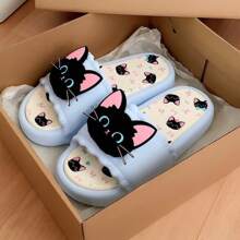 1 Pair Cute & Cool Black Cat Design Women Summer Slippers, Soft Bottom Indoor/Outdoor House Slipper, Student Dormitory