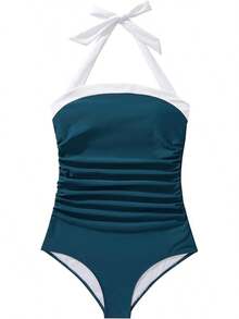 Women Sexy Tummy Control One Piece Swimsuit Halter Retro Bathing Suit - 68 Peacock Blue White - View 4