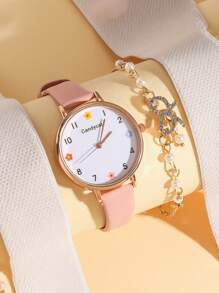 Set de 2 piezas: Reloj de cuarzo con esfera redonda y números árabes minimalista + pulsera con forma de mariposa, adecuado para regalo de cumpleaños, uso diario, etc. (sin caja)