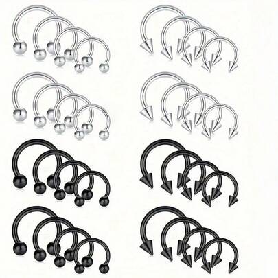 32 件/套 16G 多种尺寸男士马蹄环，不锈钢鼻中隔马蹄环耳环眉耳屏唇环耳甲圈男士穿孔首饰，6-12 毫米穿孔首饰