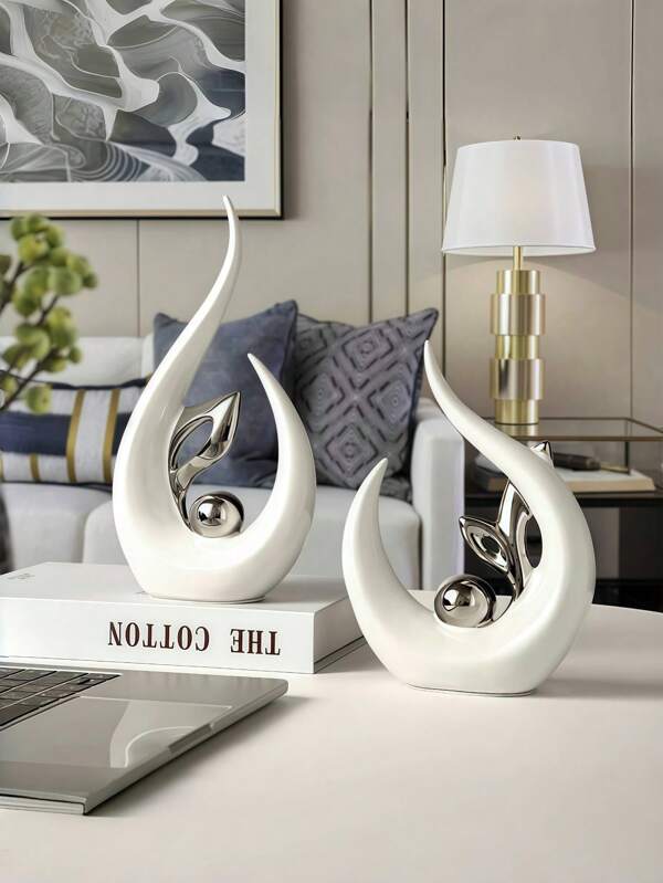1/2 PCS White Silver Home Decor Accent Ceramic Statue Abstract Sculptures Centerpieces Mid Century Modern Decor For Tables Coffee Table Top Decorations For Living Room Desktop Shelf Dining Room Kitchen,Uitable For Home Decor, Bedroom Decor, Office And Students, The Best Christmas Gift,Wintertime Valentine's Day Gift,Decorative Items For Eid Al-Fitr In The Middle East