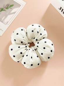 1 Stück Süßer Damen Stoff Polka Punkt Muster Flauschige Blumen Haargummi, gepunkteter Dutt Halter Haarband Accessoire, passend zu Kleidern, Freizeitoutfits, Haardekoration, Haargummi, Haaraccessoire, Haarzubehör, Scrunchie Haargummi