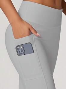Lynfun High Waist Women Solid Color Yoga Pants With Dual Phone Pockets, Tight Fitting Seamless Leggings For Workout Exercises, Fitness Training Compression Tights Spring - Grey - View 3