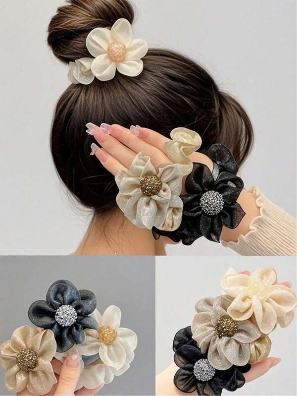 Conjunto de accesorios para el cabello con diseño floral para niña, que incluye diadema con flor de organdí beige, pinza para el cabello con flor marrón y lazo para el cabello negro para uso diario