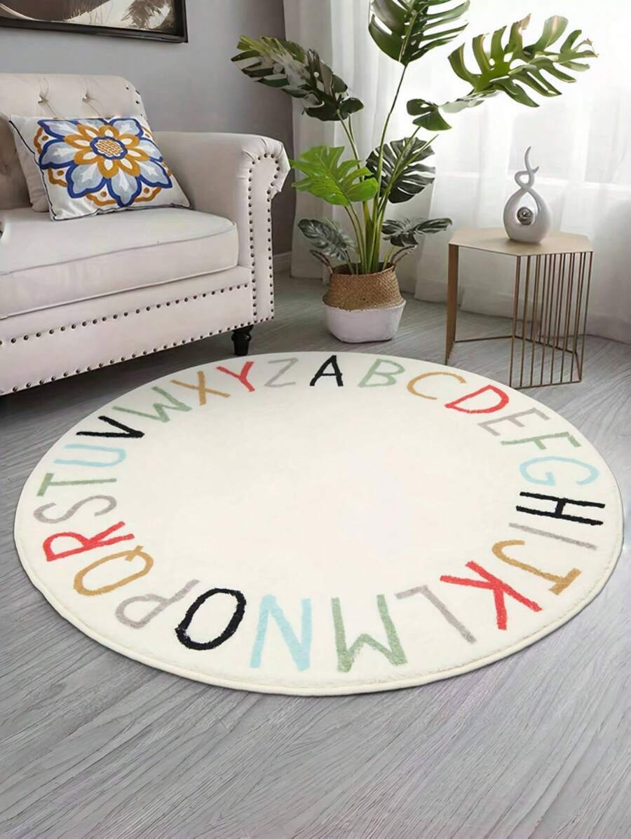 1pc Washable Pseudo-Cashmere Round Letter Pattern Gaming Carpet, Soft Alphabet Playmat Rug, Home Decor Carpet