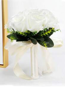 1 Strauß weiße/champagnerfarbene/blaue Hochzeitsbrautblumen, Schleifen-Dekoband mit Perlen Brautstrauß, romantische Blumenanordnung, westlicher Stil künstlicher Blumenstrauß