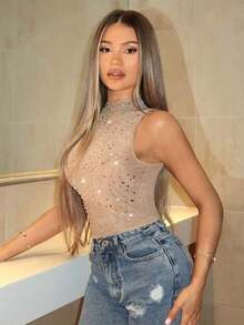 Chaleco de verano sexy slim fit diamante decal de mujer,Top desnudo de malla transparente,Adecuado para el día a día, fiestas callejeras, actuaciones - Caqui - Ver 4