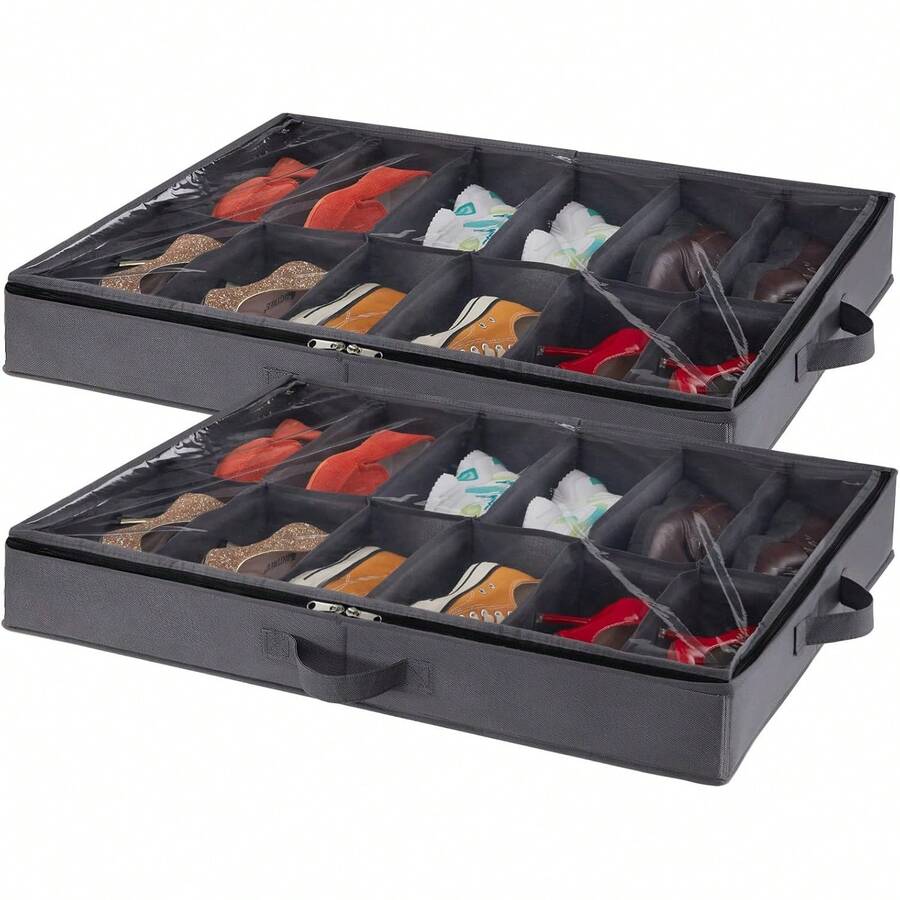 Juego de 2 Organizadores de Almacenamiento para Zapatos Debajo de la Cama, Caja Plegable de Tela para Zapatos con Cubierta Transparente, Bolsa de Almacenamiento con Ventana Transparente con 2 Asas Reforzadas, Se Adapta a 24 Pares de Zapatos, Gris - Negro - Ver 1