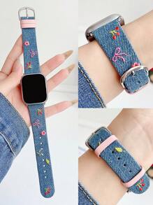 Bracelet de montre en cuir denim pour femme, motif nœuds brodés, fleurs et cerises, compatible avec Apple Watch 38 mm, 40 mm, 41 mm, 42 mm, 44 mm, 45 mm, 49 mm, S10, 42 mm, S10, 46 mm. Élégant, mignon et confortable, bracelet remplaçable, compatible avec les séries Iwatch Ultra 2, S10, SE, 9, 8, 7, SE, 6, 5, 4, 3, 2, 1.