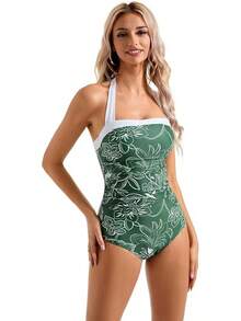 Women Sexy Tummy Control One Piece Swimsuit Halter Retro Bathing Suit - 68 綠白花 - 查看 4
