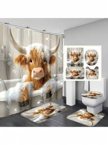 1pc/4pcs Funny Highland Cow Shower Curtain Set, Adorable Yellow Calf Bathing In Tub, Bathroom Set With 12 Hooks, Non-Slip Rugs, Toilet Lid Cover, U-Shaped Mat, Machine Washable, Complete Bathroom Accessories Decor Set Back To School