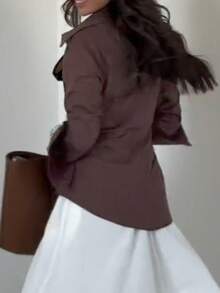 Women's Waist Tie Long Sleeve Unique Solid Color Casual Shirt, Polyester, Spring/Summer - Brown - View 3