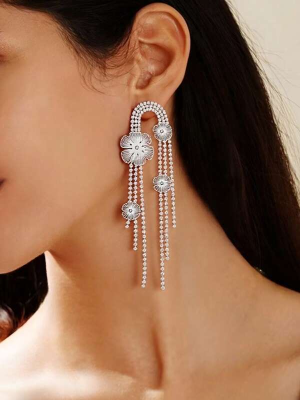 1 Pair Fashionable Vintage Exaggerated Flower & Butterfly Tassel Crystal Long Dangle Earrings, Versatile Daily/Party/Occasion Wear Jewelry For Women