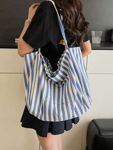 Retro Casual Large Capacity Canvas Tote Bag, New Spring 2025 Korean Style Striped Fashion Shoulder Handbag - Baby Blue - View 2