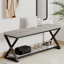 Industrial Wood Entryway Bench Indoor Farmhouse Hallway Accent Entry Bench For Seating Sitting With Storage Metal Shoe Rack Grey Bench Organizer In Foyer Bedroom Light Grey Oak 47 Inch Long - LightGreyOak - View 3