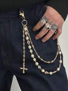 1pc Men's Retro Luxury Multi-Layer Rhinestone & Faux Pearl Pants Chain, For Pants Decoration Summer, School Autumn-Winter Accessories Halloween Costume,Suitable For Teens, Youth,Men,Casual, Outdoor, Athletic, Vacation, Graduation Gifts, Birthday, Daily Wear - Cross Pendant - Gold - View 2