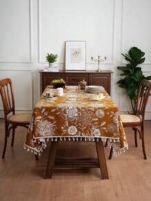 1pc American Country Nordic Style Hydrangea & Peony Embroidered Tassel Tablecloth, Suitable For Coffee Table, Dining Table - Yellowish White - View 3