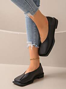 2025新款时尚女式珍珠漆皮复古方头玛丽珍平底鞋，百搭春秋乐福鞋，2025新款热销女式平底鞋 - 黑色 - 查看 6