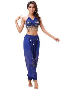 2 Pieces Prom Party Line Dance Costume For Women Belly Dance With Coin Embellished Open-Hole Loose Pants (Includes Breast Pads)