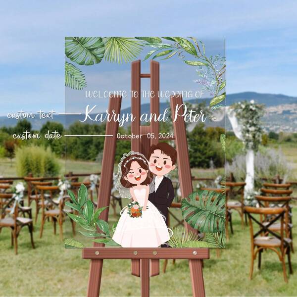 Custom Wedding Welcome Sign, Personalized Acrylic Wedding Welcome Sign With Eucalyptus Leaves And Green Design - Elegant Decorations For Anniversaries, Birthdays And Rustic Weddings - 1 Piece
