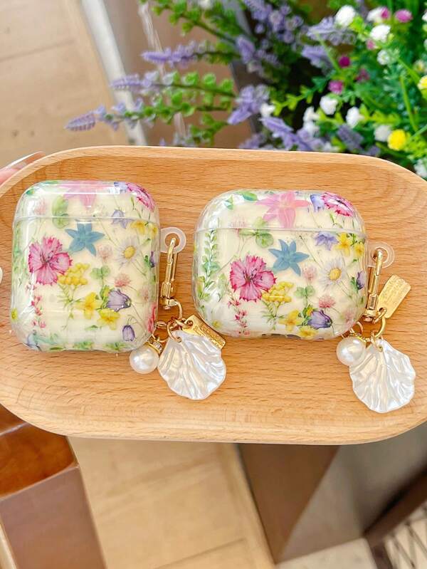 1pc Summer Floral Series Case With Faux Pearl Shell Pendant
