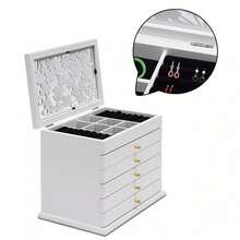 WANLECY Caja de joyería de 6 niveles blanca con capacidad grande, caja de almacenamiento de madera para anillos, collares y vuelta al dormitorio escolar - Blanco - Ver 4
