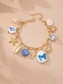 1pc Sea Life Elements Starfish Shell Charm Bracelet / Blue & White Porcelain Ceramic Charm Bracelet / Chain Bracelet With Butterfly Fish Crab Charms (Handmade Ceramic, Color And Shape Are Random)