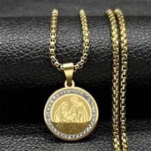 Christian Mother Of Jesus Medallion Pendant Necklace For Women Men's Gold/Silver Color Stainless Steel Rhinestone Chain Jewelry - Necklace - View 13
