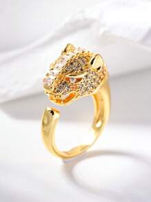 1Pc European And American Leopard Head Unique Design Open End Ring,Zirconia Decoration Cuff Accessory,Suitable For Both Men And Women,Suitable For Daily,Party,Valentine's Day Gift,Birthday Gift.