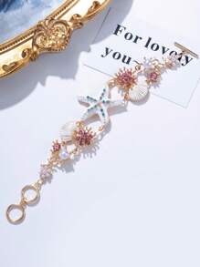 1 Stück modischer Dopamin-Luxus-Öltropfen-Stil Seestern & Jakobsmuschel Muschelschmuck-Armband mit Strass und Kunstperlen, geeignet für Geburtstag, Feiertage, Geschenk für Freundinnen, Freunde