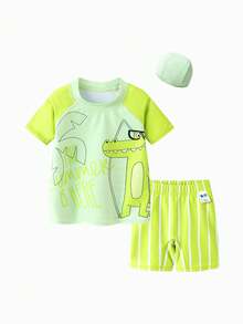 mini bala 儿童游泳套装 - 短袖防晒衣 + 泳裤 + 泳帽，防紫外线三件套 - 黃綠色調 - 查看 4