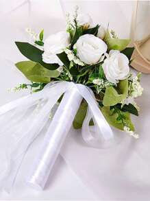1 Strauß weiße/champagnerfarbene/blaue Hochzeitsbrautblumen, Schleifen-Dekoband mit Perlen Brautstrauß, romantische Blumenanordnung, westlicher Stil künstlicher Blumenstrauß