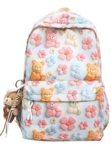 New Fashion Cute Bear & Flower Pattern Lightweight Large Capacity Backpack For Middle School Students