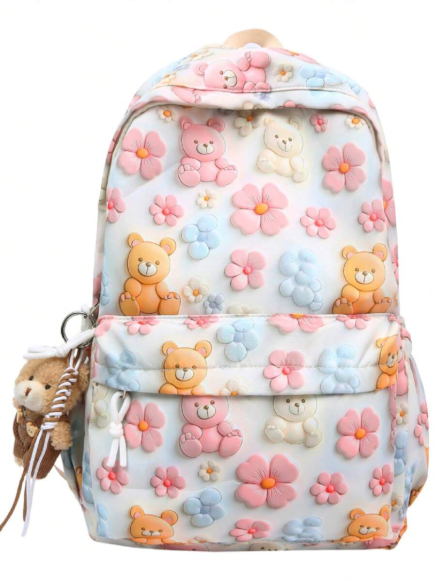 New Fashion Cute Bear & Flower Pattern Lightweight Large Capacity Backpack For Middle School Students