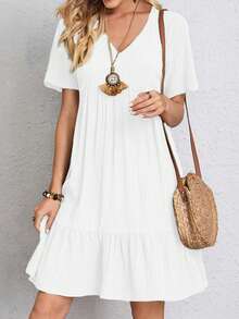 Women's Mini Dress - Solid Color V-Neck Design, Short-Sleeved Cut To Show The Fresh Temperament, Loose Fit For Summer Casual Wear, Both Fashion And Comfort - trắng - Xem 3