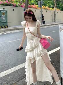 IUNQ 3D Floral Sleeveless Gal Mini Skirt, 3D Polka Dot Accessories, Square Neck Scallop Irregular, Korean Style, Layered Tiered Ladies Dress - 杏色 - 查看 1