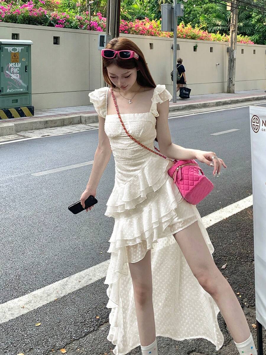 IUNQ 3D Floral Sleeveless Gal Mini Skirt, 3D Polka Dot Accessories, Square Neck Scallop Irregular, Korean Style, Layered Tiered Ladies Dress - 杏色 - 查看 1
