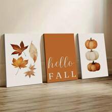 3 piezas Cuadros de arte de pared abstracto moderno de hojas de otoño y calabazas, pintura sobre lienzo vibrante para decoración de pared de otoño en el hogar