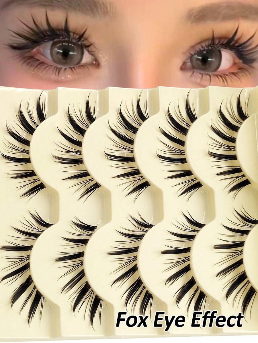 Rikuaild 5 Pairs Cartoon Cat Eye & Fox Eye Faux Eyelashes, Extended Winged Butterfly Design, 3D Realistic Curly & Soft Transparent Band, Reusable Mink Lash Effect - 狐狸眼睫毛 - 查看 1