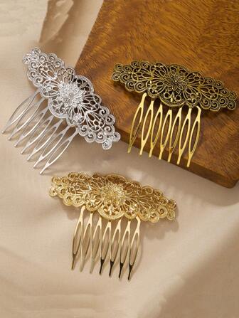 1pc Vintage Hollow Floral Alloy Hair Comb, Zinc Alloy Side Hair Clip Accessory, Gift For Women, Everyday Hairstyle, All Season, Combs, School Stuff, Wedding, Best Friend Gifts, Hair Accerssories