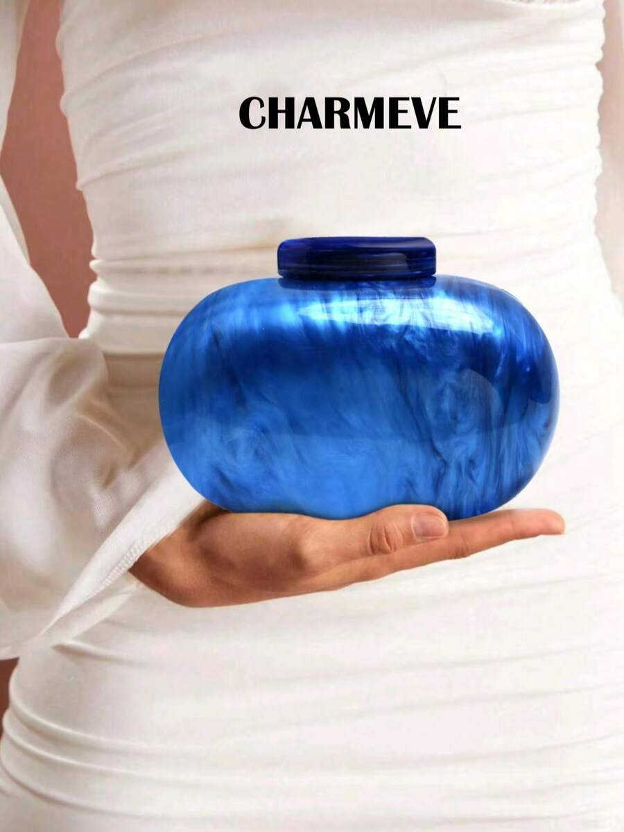 纯色迷你椭圆形亚克力晚宴包，经典设计，适合婚礼、宴会、派对礼服，蛋形链条手拿包 - 藍色 - 查看 1