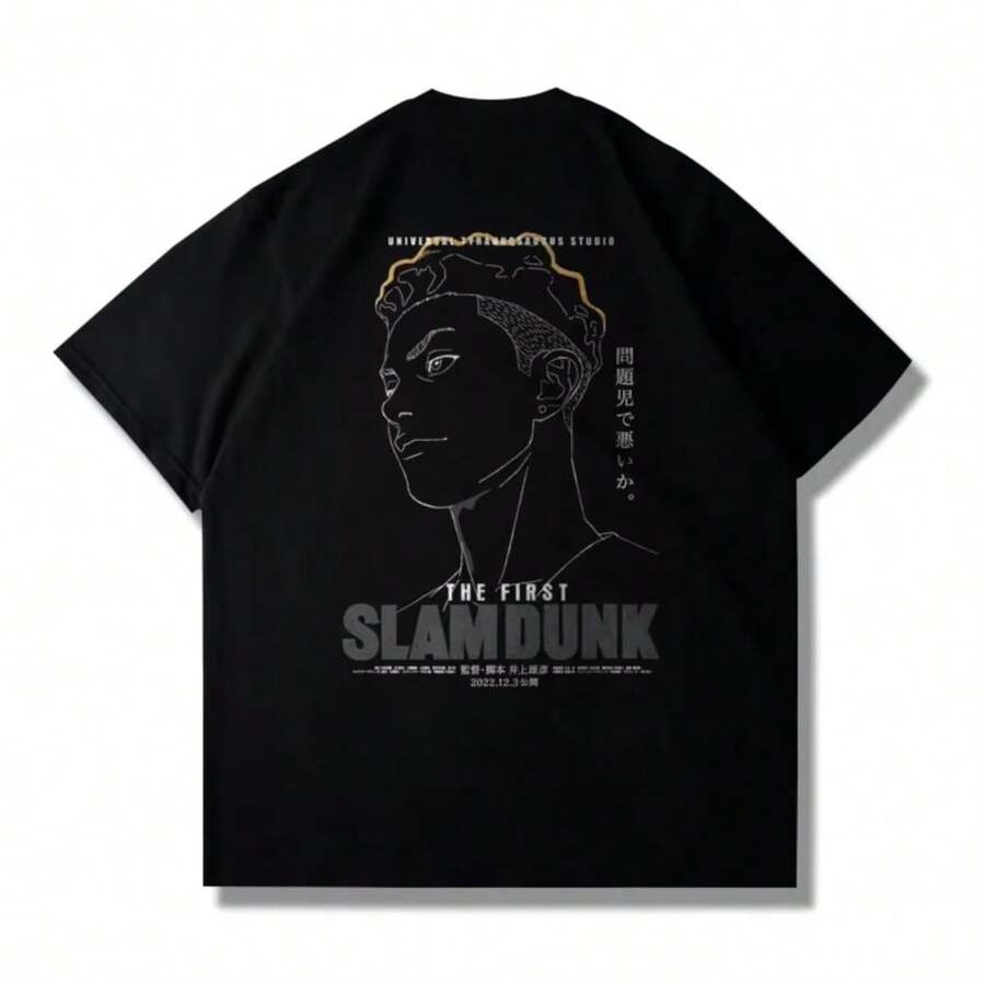 BREATHABLE SUMMER Comfortable Summer Japanese Anime 2025 Summer Slams Dunks Master Big Movie Blockbusters Short SLEEsve T-Shirt Summer Loose 100_ Cotton Sakura Ikebana - 黑色 - 查看 1