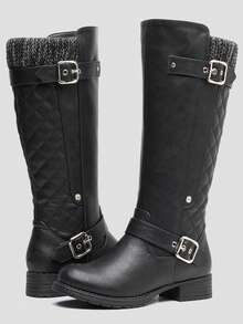 GLOBALWIN Women's Quilted Knee High Boots For Women Low Heel Comfortable Fashion Riding Boots Fall Boots Holiday Season Winter Boots - 黑色 - 查看 3