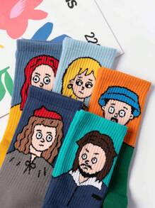 5 Pairs Unisex Mixed Color Original Abstract Artistic Illustration Design Fashionable Sports Mid-Calf Socks, Suitable For Everyday Wear